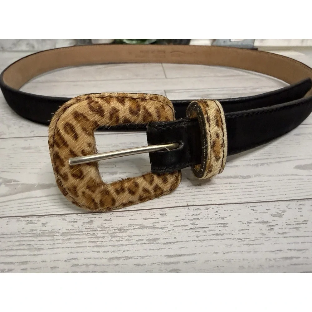 Amiee Lynn Hair On Suede Genuine Leather Animal Print Belt Black Size Medium EUC